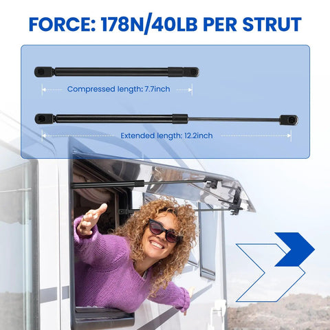 Top Tier Gas Strut Lift Support Spring 40 Lbs For Pickup Truck Toolbox And Camper Shell Window Side Lid Badass Heavy Duty Smooth Acting Rock Solid 12 Inch Extended Length, showing lengths 7.7" compressed and 12.2" extended.
