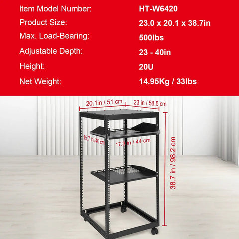 Heavy Duty 20U Server Cabinet With Smooth Rolling Casters And Adjustable Depth Rock Solid Network Equipment Rack For Wall Or Floor AV Gear Setups Built Like A Tank Carbon Steel, dimensions shown.