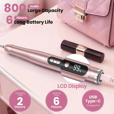 Badass Cordless Nail Drill Delivers 35000RPM Electric File With Clear Lcd Screen showing 800mAh capacity and USB Type-C charging.