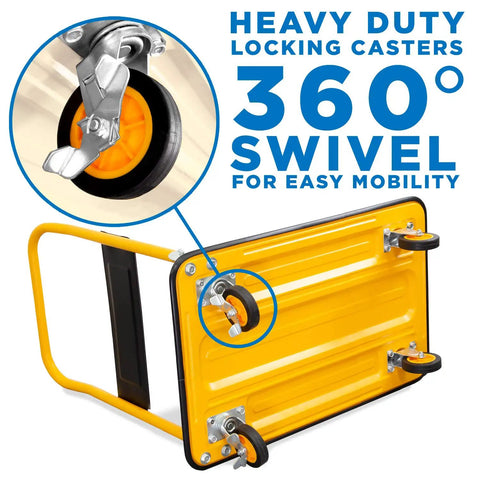 Heavy Duty Folding Hand Truck Dolly Featuring A Rock Solid 660 Pound Weight Capacity And Easy Glide 360 Swivel Casters, close-up of locking caster wheel.