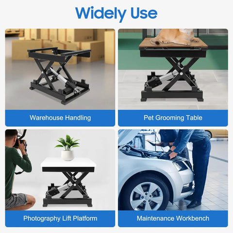 Top Shelf Electric Scissor Lift Table With Remote Control Height Adjustable Platform Up To Sixteen Inches for warehouse handling and pet grooming.