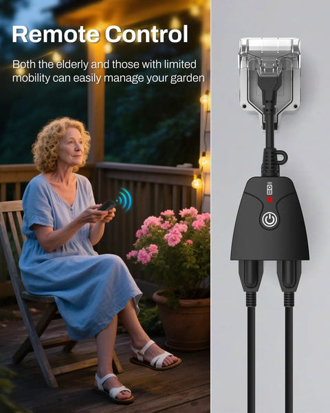 Elderly woman using Outdoor Wireless Remote Control Outlet Kit Weatherproof Heavy Duty Power Strip With Dual 3 Prong Outlets 6 Inch Cord And 100 Foot Range ETL Listed 15A Plug And Play Ready For Indoor Or Outdoor Use on a porch at night.