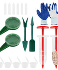 7 Piece Mini Seed Spreader Tool Set For Precise Seed Dispensing And Easy Garden Planting with gloves, dibber, widger, and dispensers.