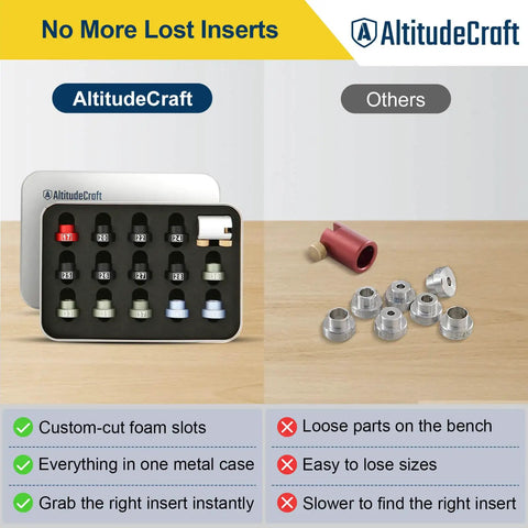 Bullet Comparator Kit With 14 Inserts For.17 To.45 Calibers in aluminum tin box featuring labeled slots and inserts.