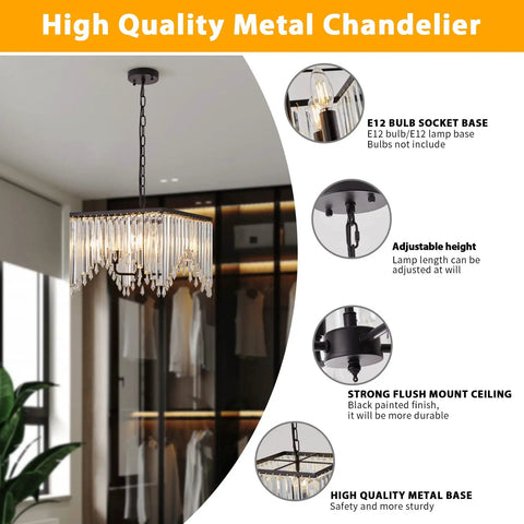 Four Light Crystal Chandelier With Black Iron Frame And K9 Clear Crystals displayed in a modern room with product features