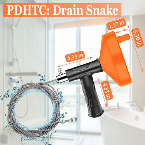 Heavy Duty 33 Foot Drain Snake Auger With Flexible Steel Cable, ergonomic handle for clogs in sinks, toilets, and tubs.