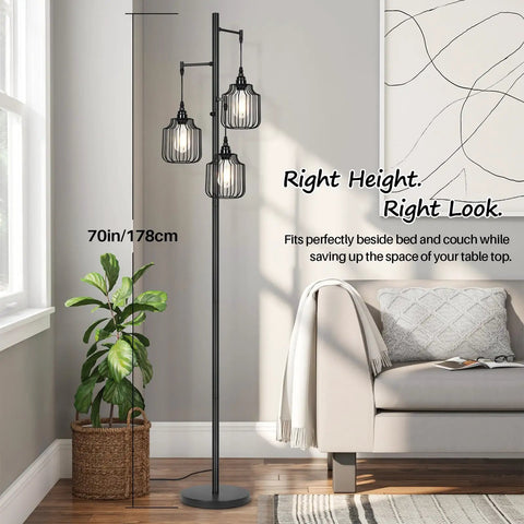 Dimmer Floor Lamp With 3X 800LM LED Edison Bulbs, Tall Standing Corner Lamp In Farmhouse Black beside sofa