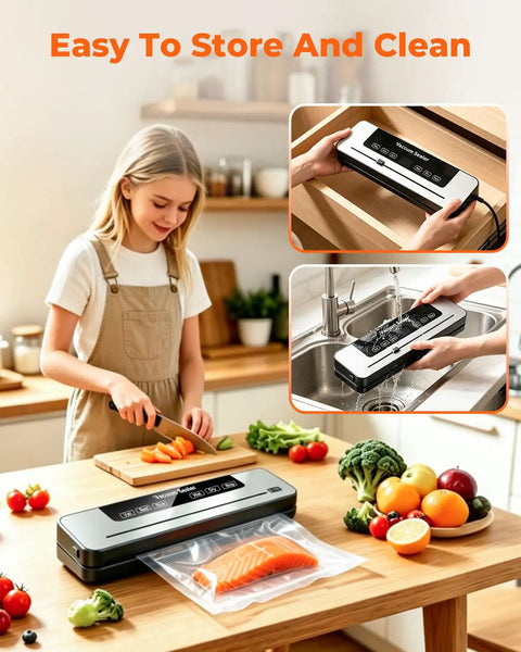 Powerful Vacuum Sealer With 75KPa Suction And Dry Moist Modes Automatic Food Sealer in a kitchen scene with fresh produce