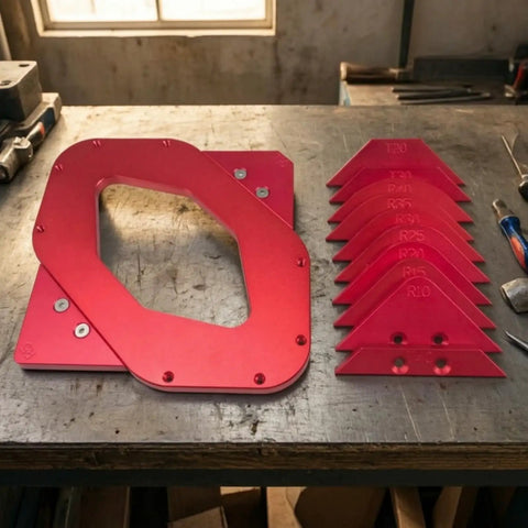 Dead Accurate Router Guide Corner Template Jig featuring precision engraved arc measurements in anodized aluminum with radius guides.