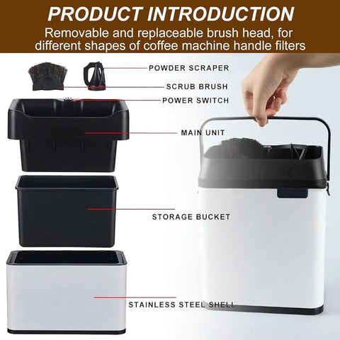 Automatic Electric Portafilter Cleaner With Integrated Knock Box For Fast Espresso Grounds Removal And No Sweat Smooth Cleanup designed with removable brush head and storage bucket.