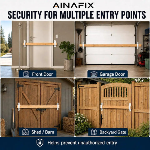 Heavy Duty Door Barricade Brackets 2 Pack Rust Proof White Steel Reinforcement Bars For Standard 2x4 Lumber secured on multiple door types.