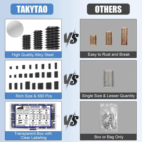 560 Piece Set Screw Kit With 25 Sizes Metric And SAE Assortment Includes 12 SAE And 13 Metric Sets shown versus other brands
