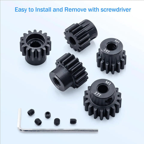 Five pack of Hardened Mod One Pinion Gears with Five mm Bore and Thirteen To Seventeen Teeth on display for RC use.
