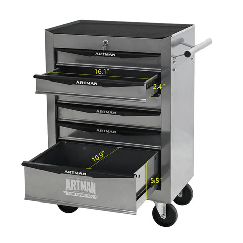 Badass 21 Inch Lockable Tool Storage Cabinet With Heavy Steel Countertop Smooth Ball Bearing Slides For Tough Garage Organization Secure Rolling Shop Locker Silver with open drawers.