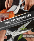 Heavy Duty Two Pack Kitchen Scissors Set For Food With Bone Cutting Blades, Includes Poultry Shears And All Purpose Kitchen Shears, Made From 3Cr13Mov Stainless Steel, Built To Rip Through Tough Bones, cutting roast chicken and vegetables