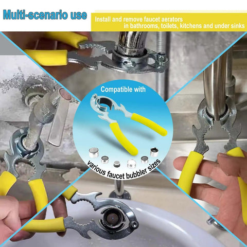 Heavy Duty Faucet Aerator Wrench Tool For Kitchen Sink Repair Featuring Non Slip Rubber Grip Durable Carbon Steel Construction in use.