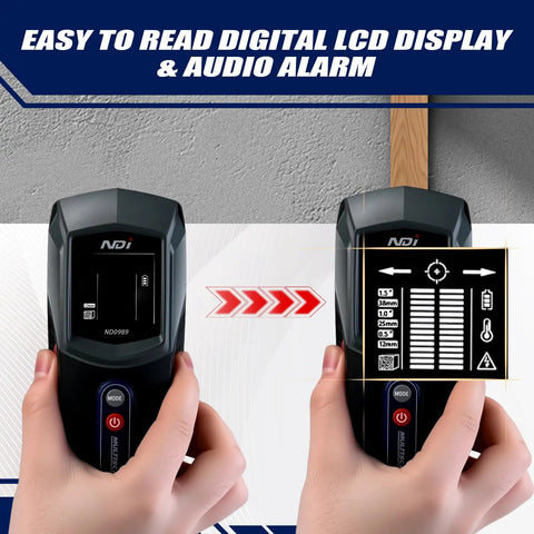Heavy Duty Multi Function Stud Finder And AC Live Wire Detector Precision Depth Reader with digital display and audio alarm.