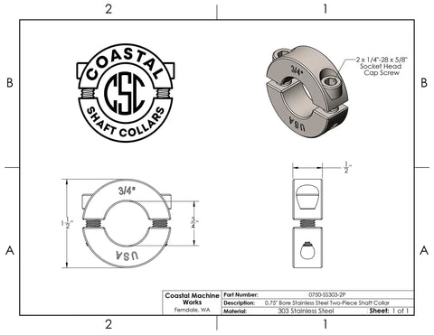 Real Deal Two Piece Shaft Collar With.75 Inch Bore. 303 Stainless Steel shown with dimensions for industrial use.
