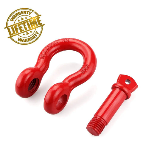 3/4 Inch D Ring Shackles 2 Pack Heavy Duty Tow Recovery Shackle With 7/8 Inch Screw Pin 9,500 Lbs Break Strength Ideal For Vehicle Recovery And Off Road Gear Red, shown with one shackle and screw pin next to lifetime warranty badge.