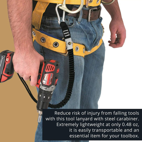 Person using shock absorbing tool lanyard with steel self locking carabiner, adjustable loop, one hand release, clipped to belt.