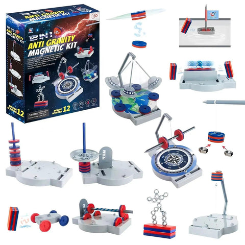 12 In 1 Anti Gravity Magnetic Levitation Science Kit for Kids and Teens with various magnetic experiment setups and components.