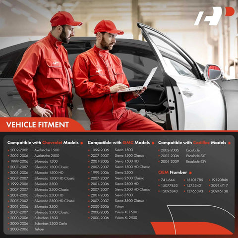 Two mechanics with laptop beside car, compatible models listed; Front Passenger Power Window Regulator With Motor Replacement