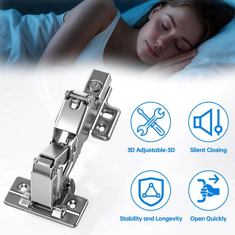 4 Pack Frameless Soft Close Cabinet Hinges 170 Degree Concealed Full Overlay with features and sleeping woman