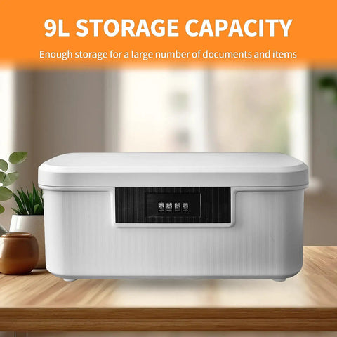 Solid Heavy Duty Lockable Storage Container Bin With Easy Combo Lock Secure File Organizer Box For Home Office Gear Built Tough Plastic Tote In White Finish placed on a table with visible four-digit lock.