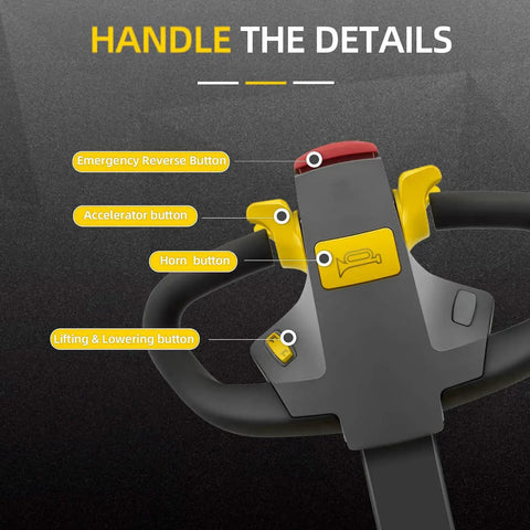 Handle of Straight Up Powerhouse Full Electric Walkie Pallet Stacker with buttons for control and operation details.