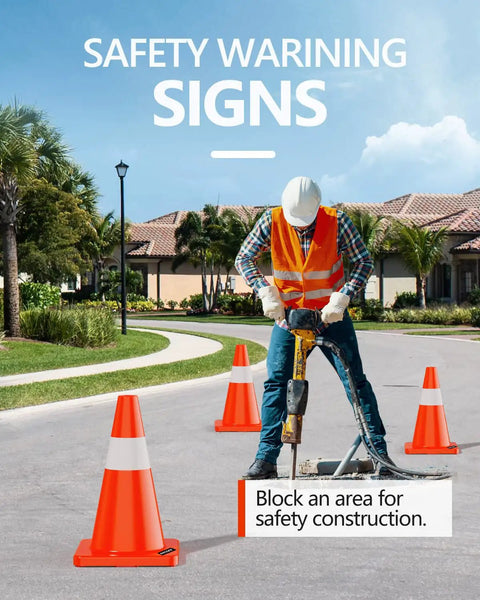 Worker using jackhammer surrounded by 12 pack 18 inch traffic safety cones with reflective collars, durable PVC construction.