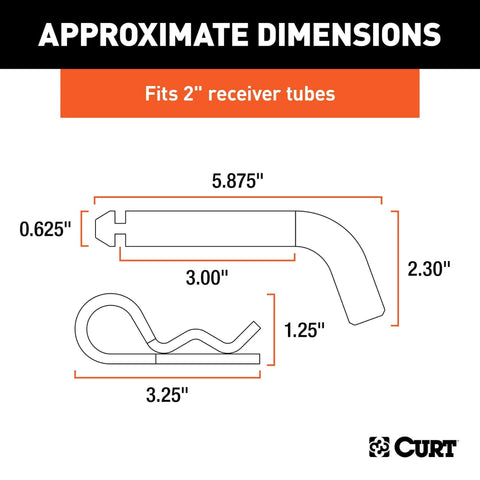 Diagram of dimensions for trailer hitch pin and clip, showing 5/8-inch diameter and grooved head for 2-inch receiver fit.