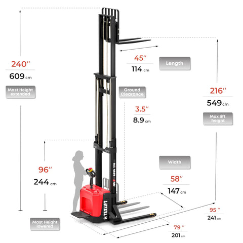 Hardcore Electric Pallet Stacker With Stand 3300 Lb Capacity 216 Inch Lift Height Adjustable Forks dimensions and features diagram.