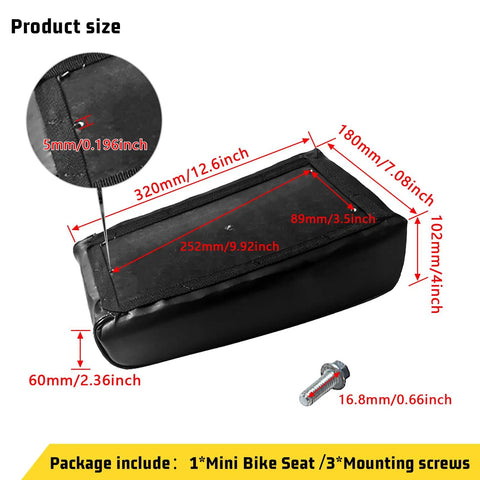 Detailed view of Upgraded Mini Bike Seat for Predator 79Cc 97Cc 98Cc 100Cc Engines with dimensions and mounting screws shown