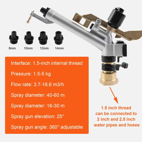 1.5 Inch 360 Degree Impact Adjustable Water Gun Spray Nozzle Set with thread adapters for large area irrigation