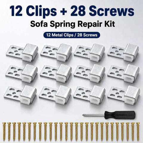 Rock Solid Upholstery Spring Clips Repair Kit For Saggy Couches And Sofas Includes Complete Set Of Carbon Steel Screws With Socket Driver, 12 clips and 28 screws.