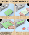 Step-by-step guide using 8 Pattern Round Lace Border Die Set for card making with embossing machine, showing green card and cutting die.