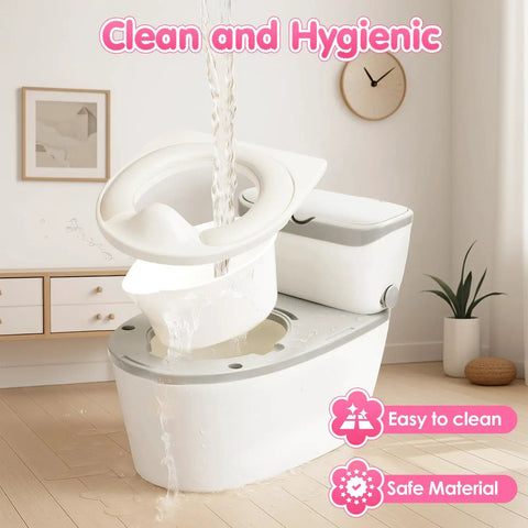 Tot Sized Three In One Potty Training Toilet With Realistic Flush Sounds And Removable Seat in a clean bathroom setting.