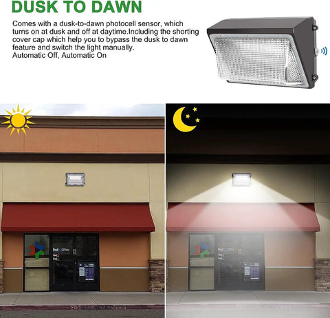 Crazy Bright 90W Outdoor LED Wall Pack With Dusk To Dawn Photocell mounted above store, showing day-night transition.