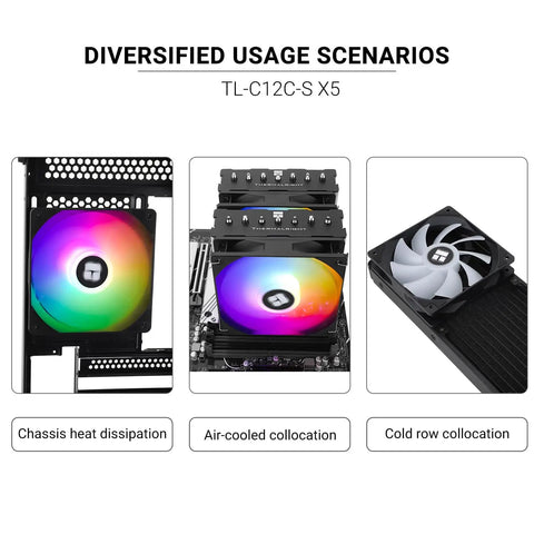 Five Pack 120mm ARGB PWM CPU Case Fans With S-FDB Bearing, Silent Up To 1550 RPM in various PC cooling setups