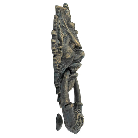 Side view of Vecchio Greenman Authentic Iron Door Knocker In Verdigris Hand Finished Cast Iron With Vintage Bronze Look Rustic Home Accent.