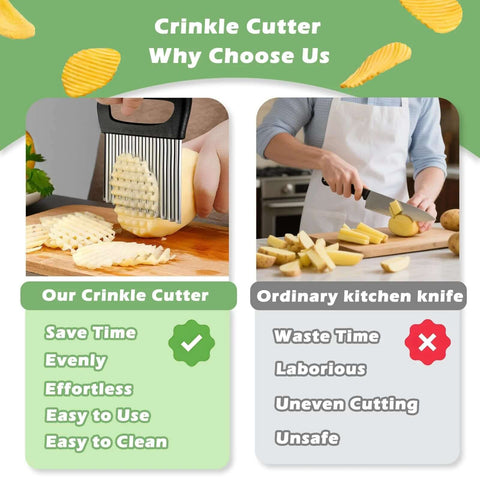 Suuker large crinkle cutter with black handle slicing a potato on a cutting board; side-by-side with an ordinary kitchen knife.