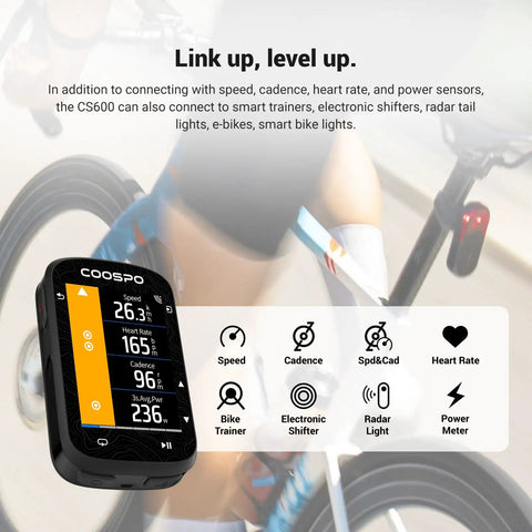 Color Touchscreen GPS Bike Computer CS600 Wireless IPX7 Waterproof Cycling GPS Speedometer displayed on a bike handlebars