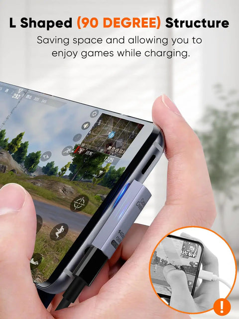 90 Degree Right Angle USB C Adapter in use with smartphone displaying game screen, highlighting L-shaped structure