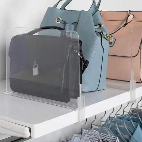 Clear Acrylic Shelf Dividers For Closets, Purse And Sweater Organizer, Flexible 4 Pack holding purses on a white shelf