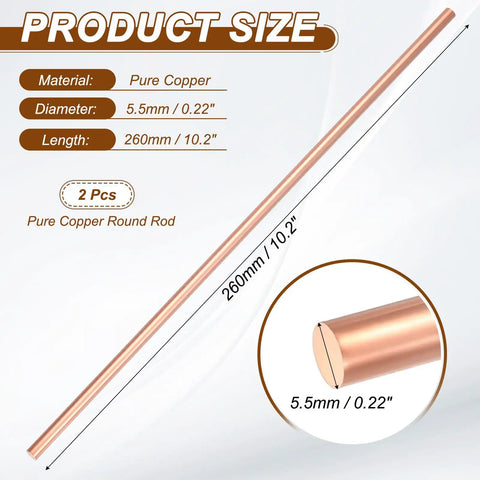 2 Pcs Dope 5.5mm Copper Round Rods, 10.2 Inch Length, showing dimensions and material details