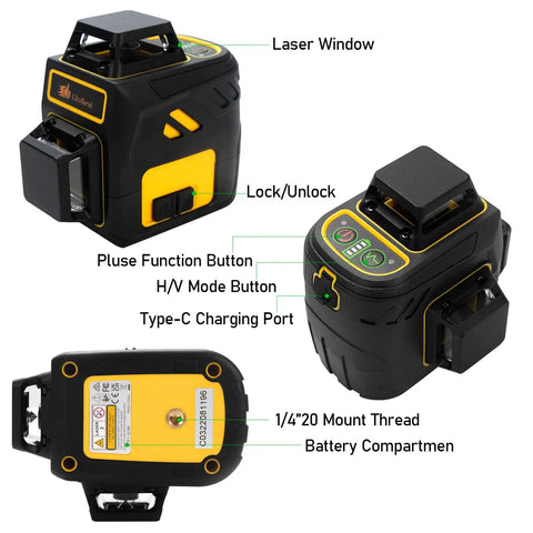 360 Degree Self Leveling Laser Level With 12 Lines And 3D Self Leveling Tech For Tile Work, Construction And Picture Hanging