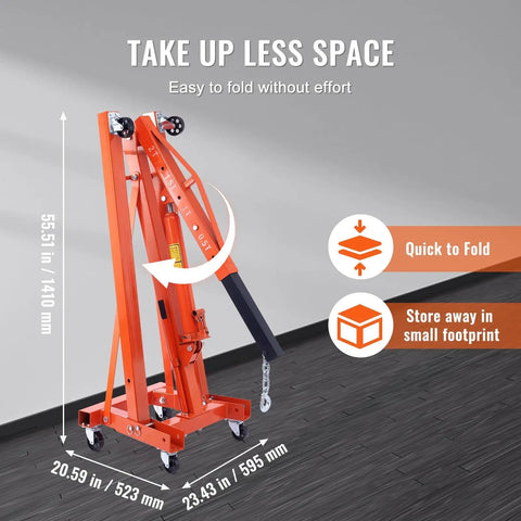 Heavy Duty Hydraulic Engine Hoist With Lever 2 Ton 4400 Lbs Foldable Crane shown folded for easy storage