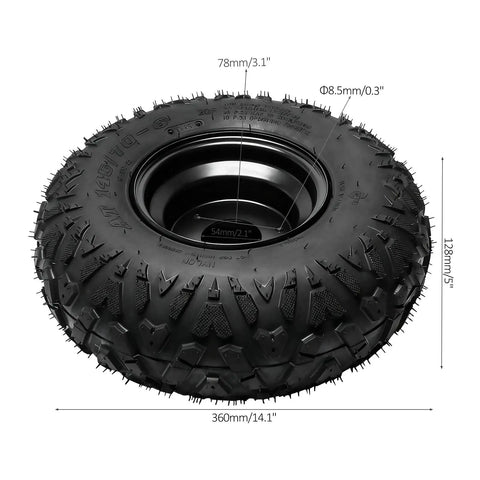 Mud Grinder 2PC 145X70-6 Atv Tire And Wheel Setup Featuring 6 Inch Tubeless Rims, detailed tire measurements and rugged tread design.