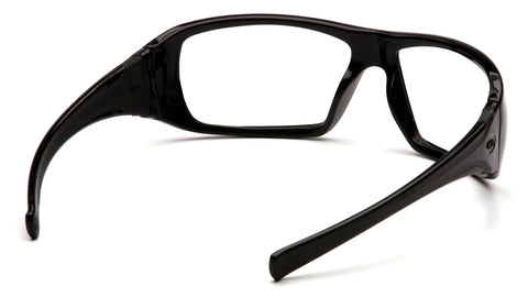 Straight Up Reliable Goliath Safety Glasses Featuring Clear Polycarbonate Lenses And Slick Co Injected Rubber Temples side view.