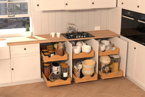 The Real Deal Heavy Duty Two Tier Pull Out Cabinet Organizer With Super Smooth Gliding Wood Shelves To Max Out Your Kitchen Pantry Space For Pots Pans Appliances And Groceries, showcasing wooden shelves with pantry items.